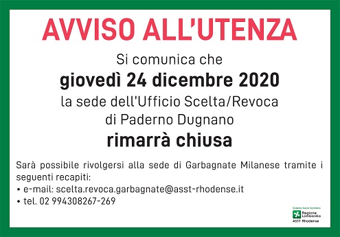 Cartello Informativo – Chiusura Sportello Scelta e Revoca di Paderno Dugnano