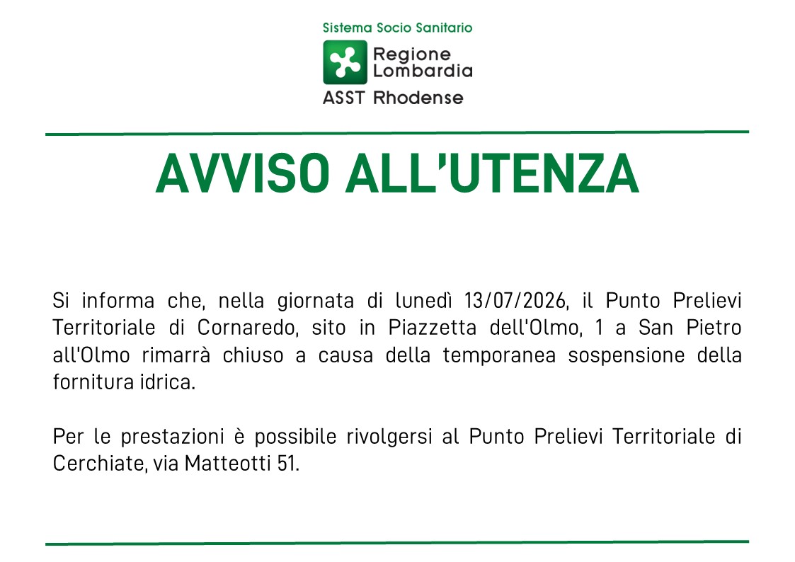 AVVISO ALL'UTENZA - CHIUSURA TEMPORANEA PPT CORNAREDO
